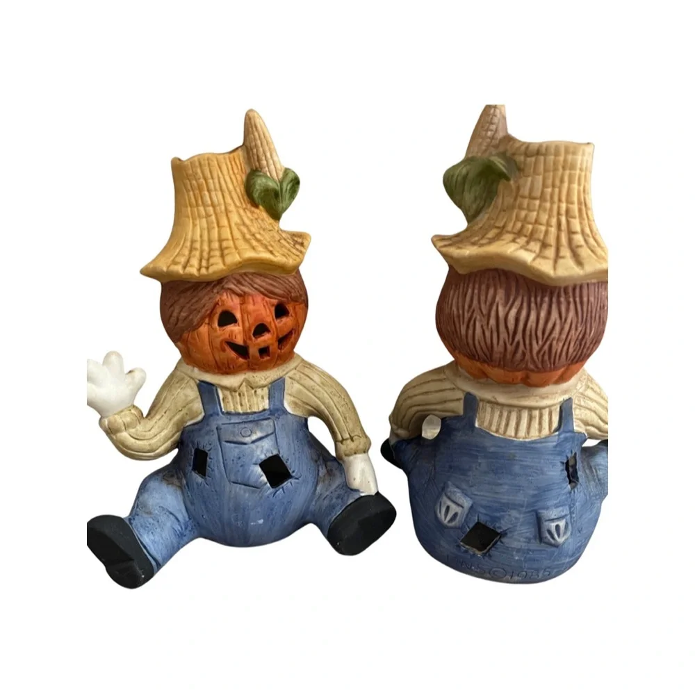Vintage Halloween Decor : Ceramic Jack o’ Lantern Scarecrows : candle holder